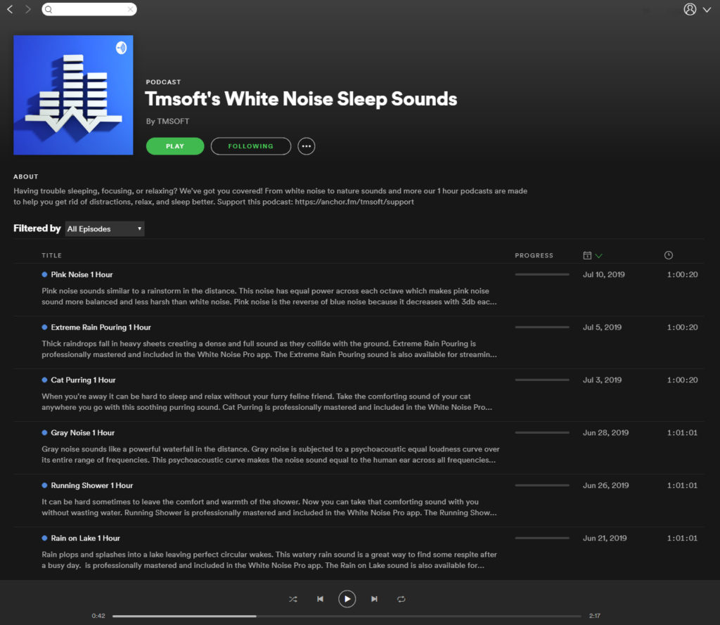 TMSOFT's White Noise Sleep Sounds Podcast in Spotify